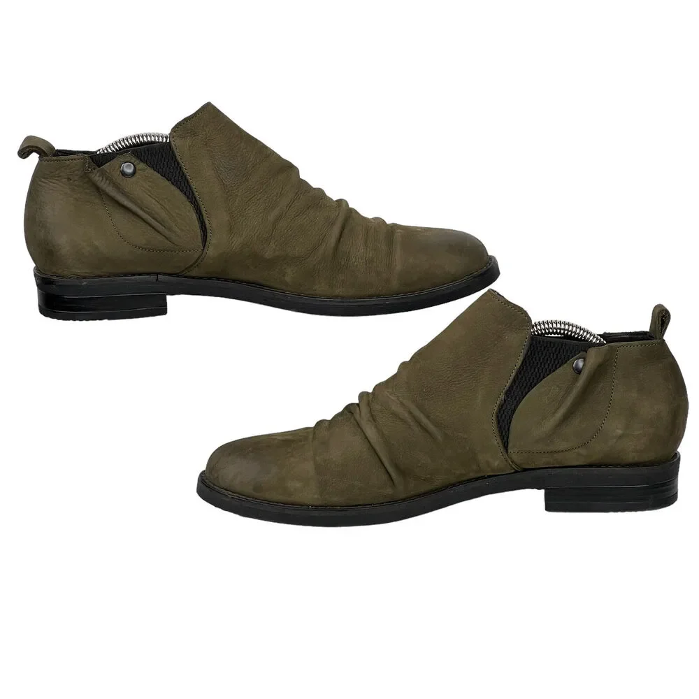 Bueno Pull On Leather Bootie Women's SZ 9.5 40 Olive Boho Elastic Panel Comfort